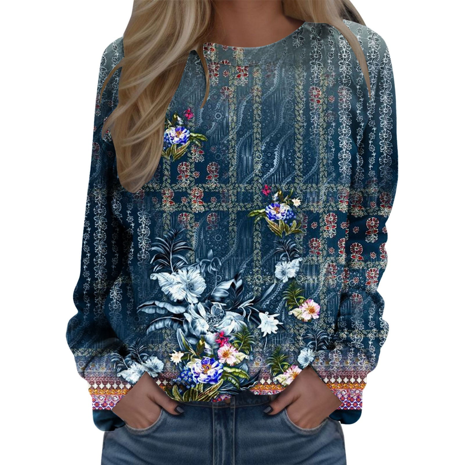 Entyinea Womens Graphic Sweatshirts Crew Neck Long Sleeve Casual Slit