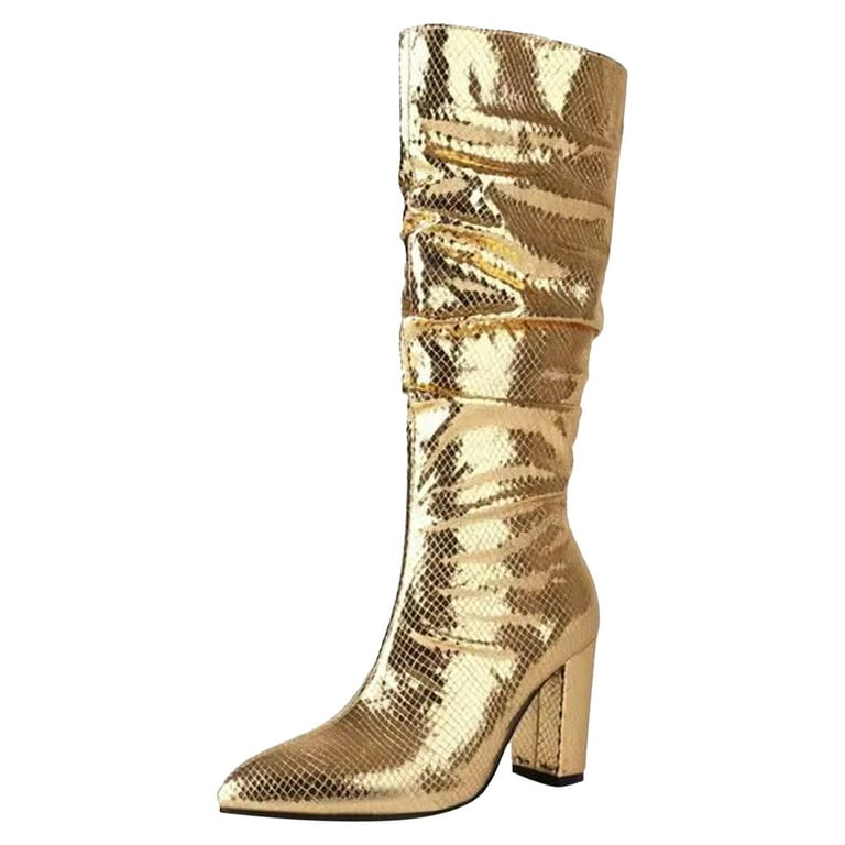 Entyinea Womens Lace Up Boots Mid Calf Pointed Toe Cowgirl Boot for Ladies  with Retro Heel and Side Zipper Fashion Shoes,Gold 39 
