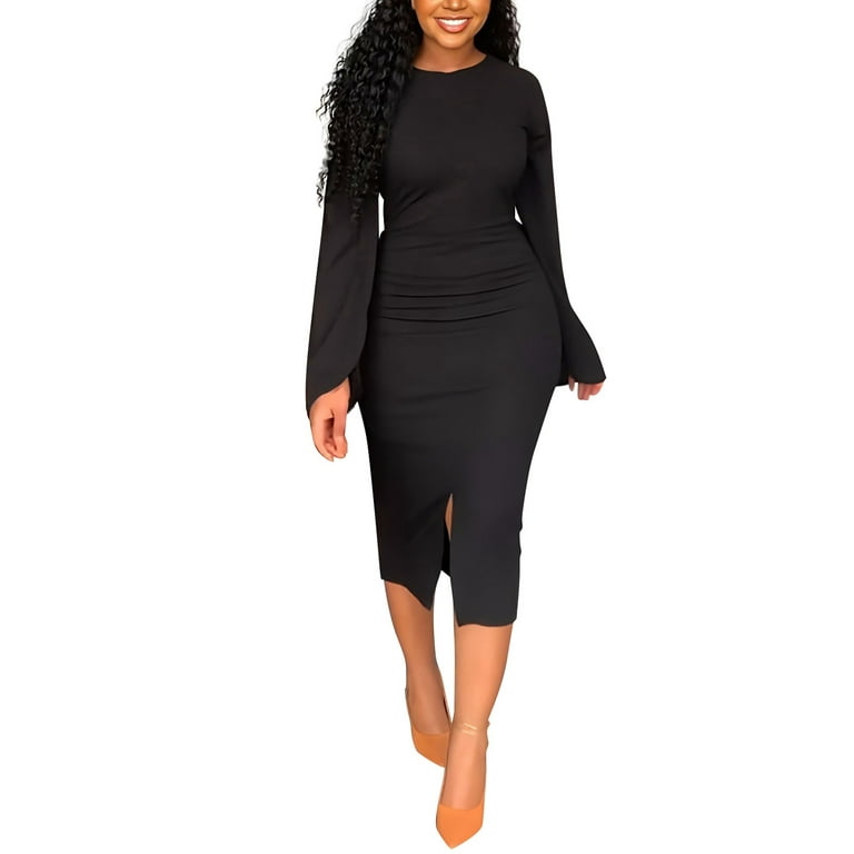 Entyinea Womens Long Sleeve Satin Midi Dress Solid Slit Front Formal Dress  Boatneck Slim Fitted Dress,Black L 