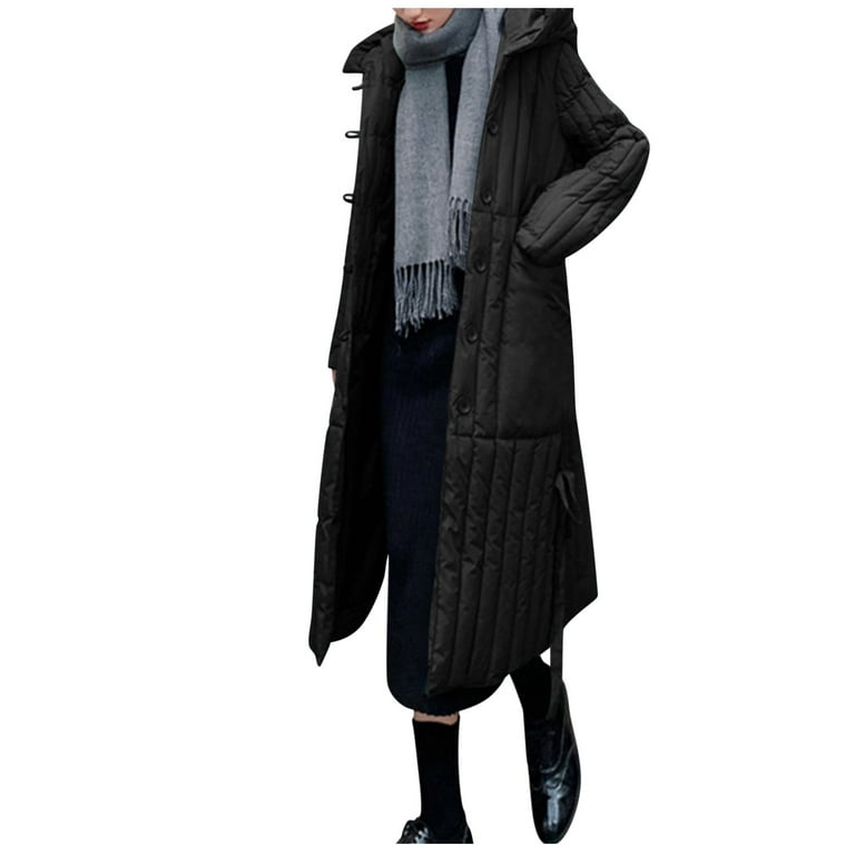 Entyinea Womens Plus Size Puffer Jacket Long Packable Hooded Puffer Coat  Warm for Winter Black XXL 