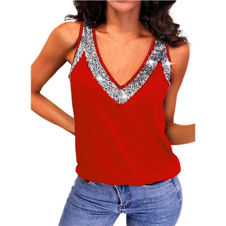 Entyinea Womens Plus Size Tops Casual Glitter V Neck Sleeveless Shirt Solid  Color Tank Tops Red XXL 