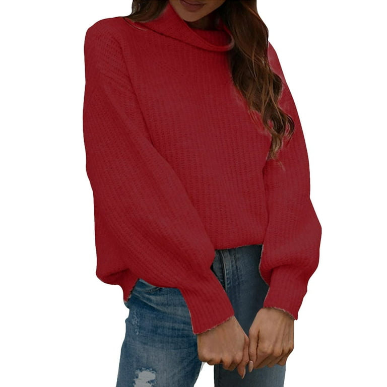 Entyinea Womens Plus Size Tops V Neck Long Sleeve Knit Loose Oversized  Pullover Sweater Red S 