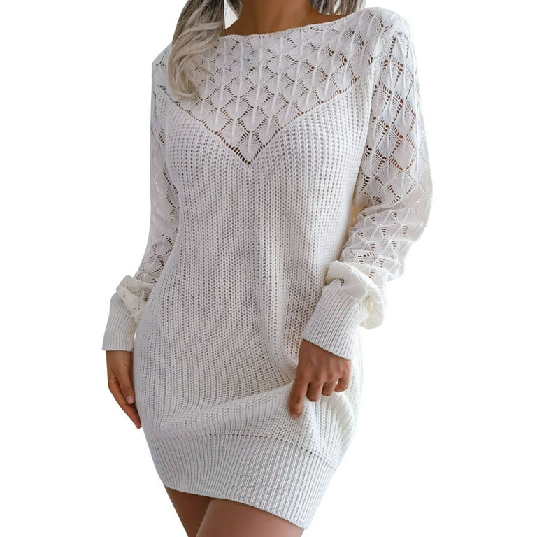 Entyinea Womens Pullover Sweater Dress Boat Neck Long Sleeve Slim Fit Solid  Ribbed Knit Pullover Dresses White L 