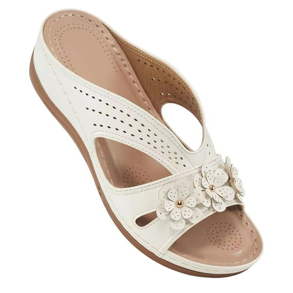 Entyinea Womens Sandals with Arch Support Cushion Summer Casual Rhinestone Wedge sandal Shoes (White,6.5)