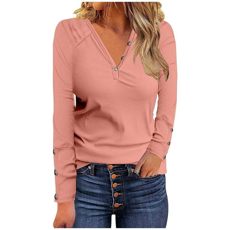 Entyinea Womens Savings Tops & T-Shirts Drop Shoulder Round Neck Tops  Casual Solid Color Basic Tees Pink S 