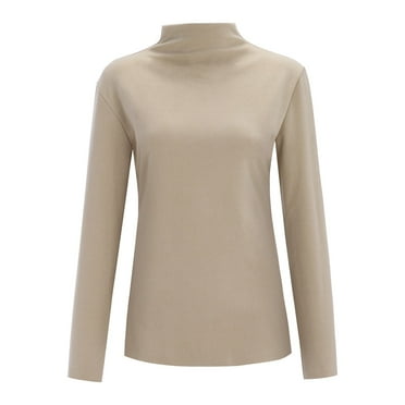Entyinea Womens Savings Tops & T-Shirts Long Sleeve Neck Stretch Slim Fitted Layer Basic Tee Tops Khaki L