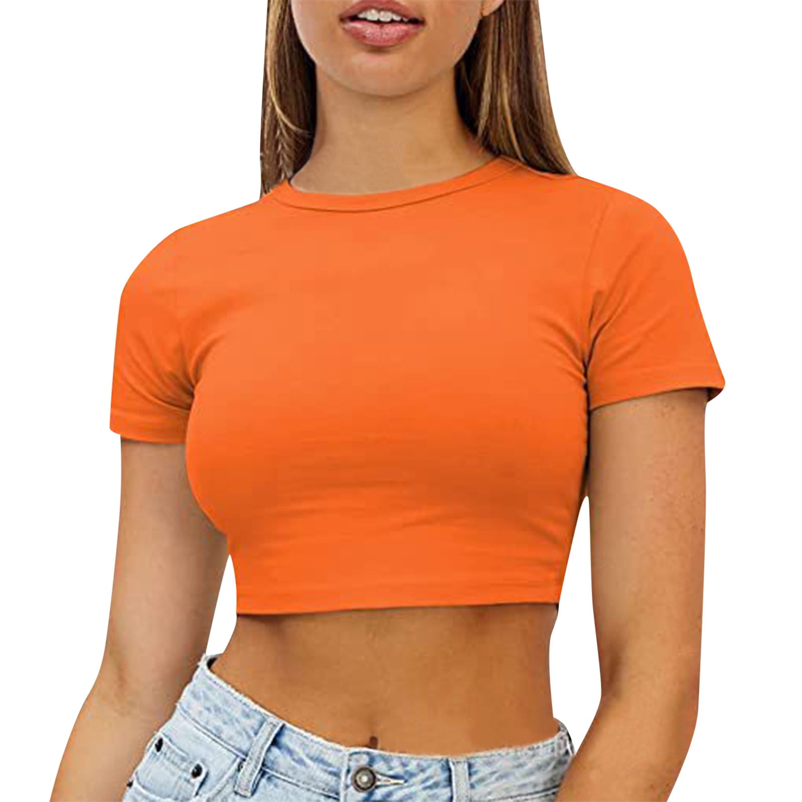 Entyinea Womens Summer Crop Tops Casual Crew Neck Short Sleeve Solid