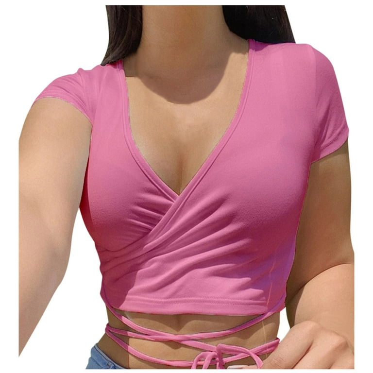 Entyinea Womens Summer Crop Tops Casual Short Sleeves V Neck Solid Color  Slim Fit Shirts Pink XL 