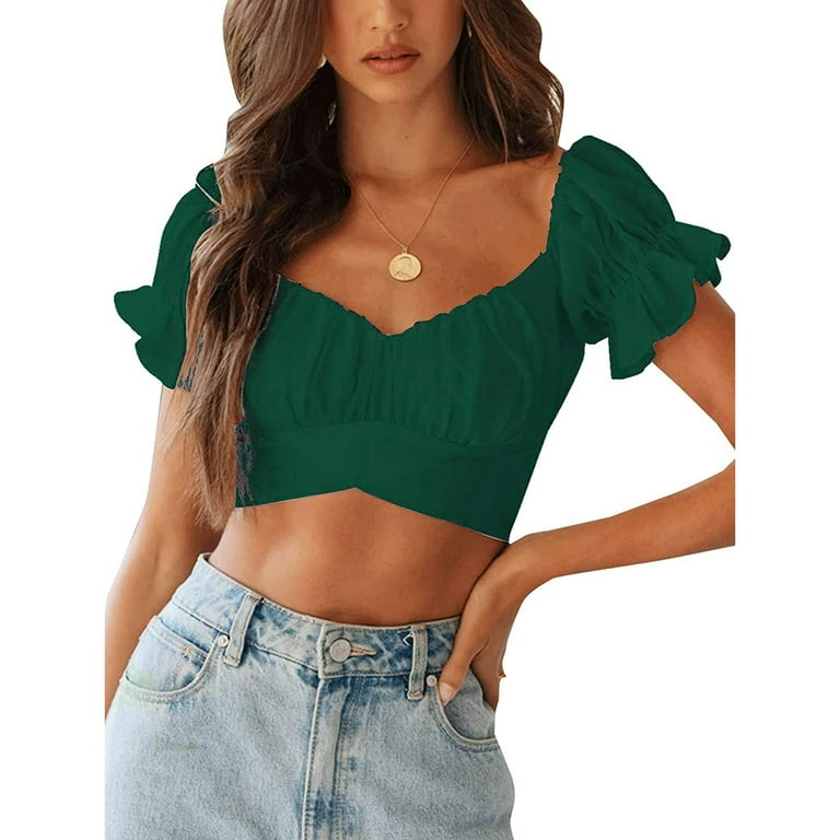 Entyinea Womens Summer Crop Tops Casual Solid Color Ruffle Short Sleeve  Shirts Army Green L 