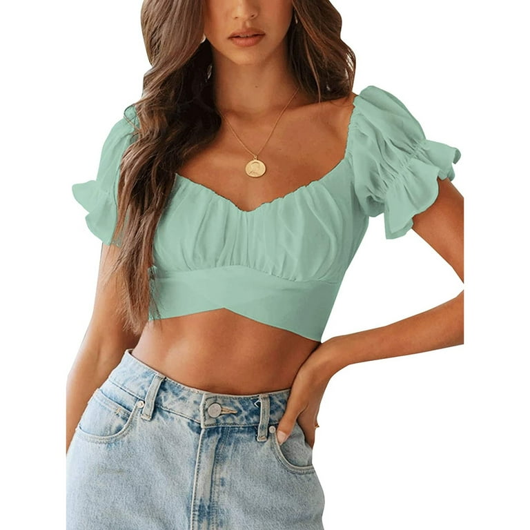 Entyinea Womens Summer Crop Tops Casual Solid Color Ruffle Short Sleeve  Shirts Mint Green L 