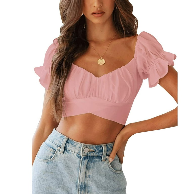 Entyinea Womens Summer Crop Tops Casual Solid Color Ruffle Short Sleeve  Shirts Pink L 