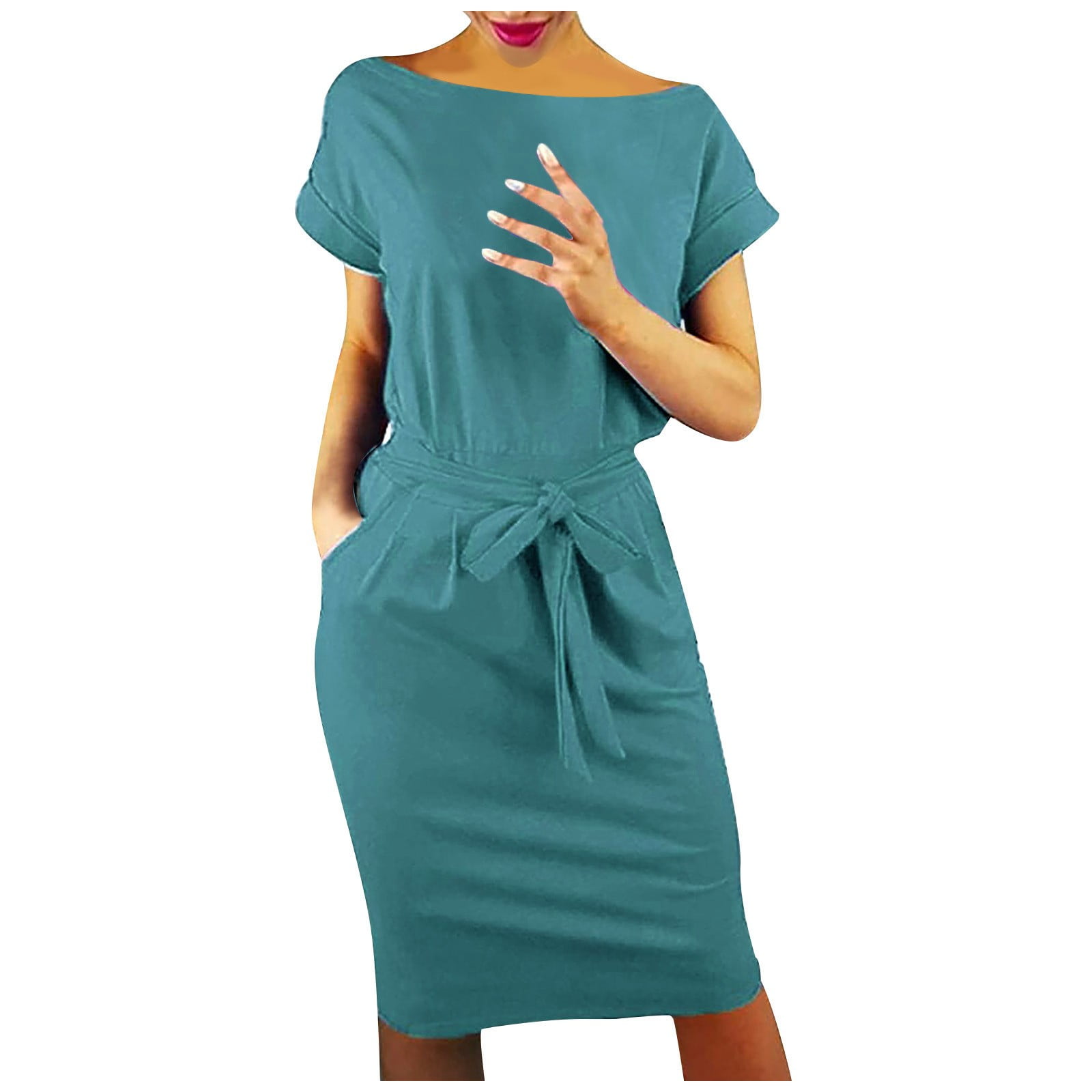 Entyinea Womens Summer Dresses Casual O-Neck Solid Color Office Midi  Dresses With Belt Green XXL 