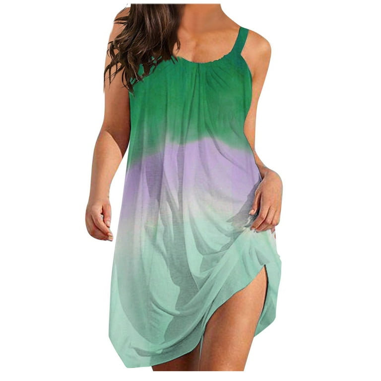 Entyinea Womens Summer Dresses Casual Sleeveless Strappy Gradient Printed  Flowy Sun Dress Green S 