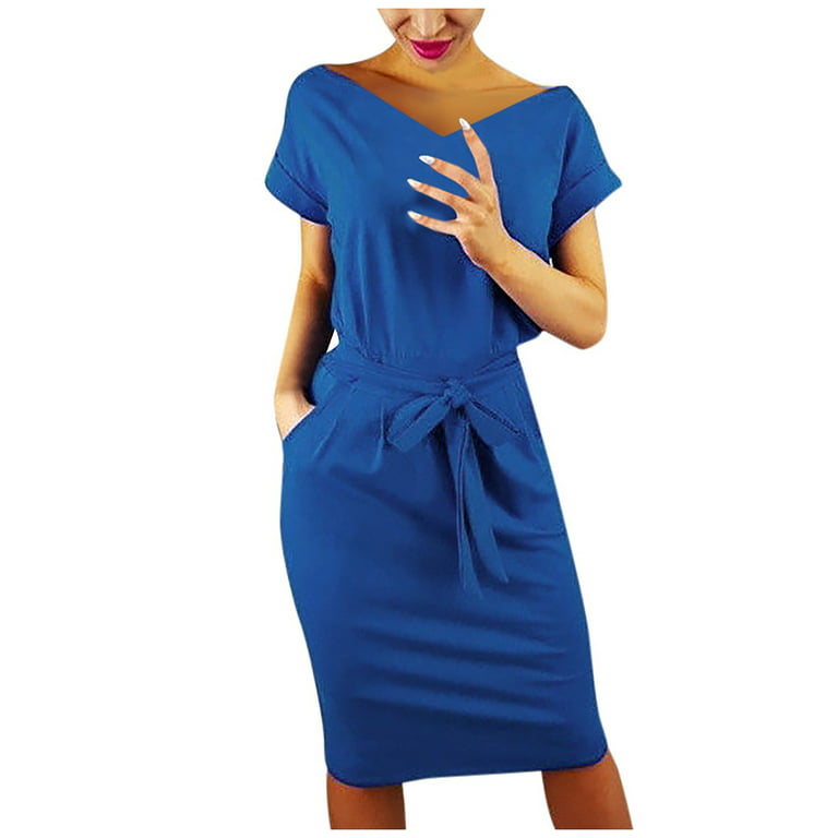 Entyinea Womens Summer Dresses Casual V-Neck Solid Color Office Midi Dresses  With Belt Blue 3XL 