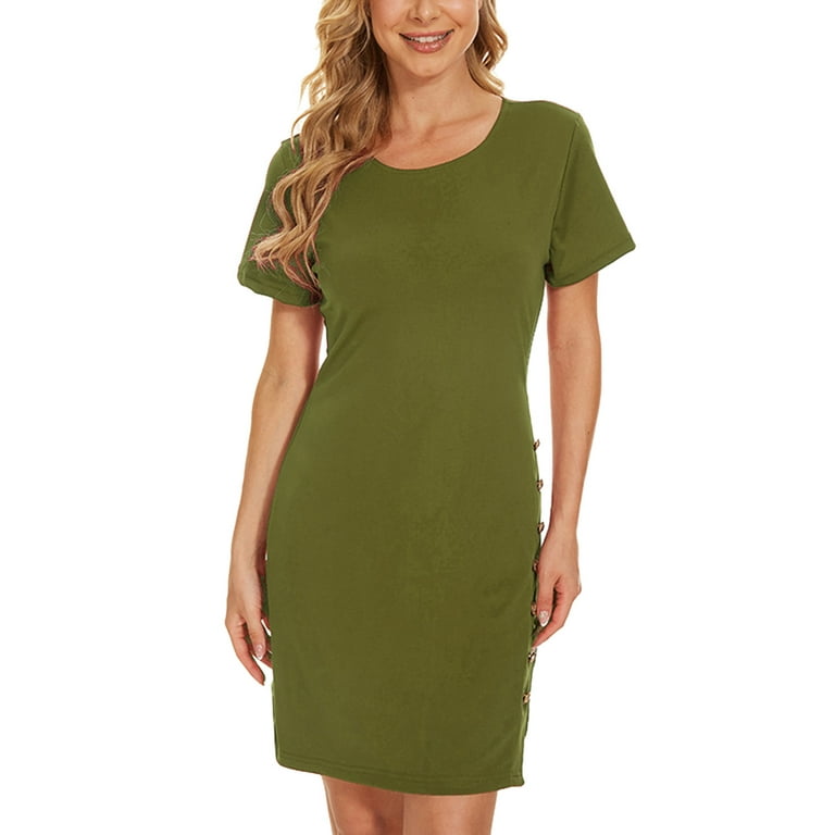 Entyinea Womens Summer Dresses Casual Zip Front Knot Waist Romper Short  Sleeve Dress Army Green XXL 