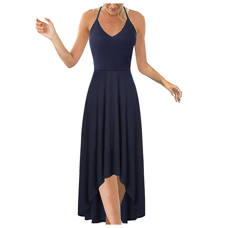 Entyinea Womens Summer Dresses Fashion V-Neck Sleeveless Strappy Backless  Maxi Dress Navy XL 