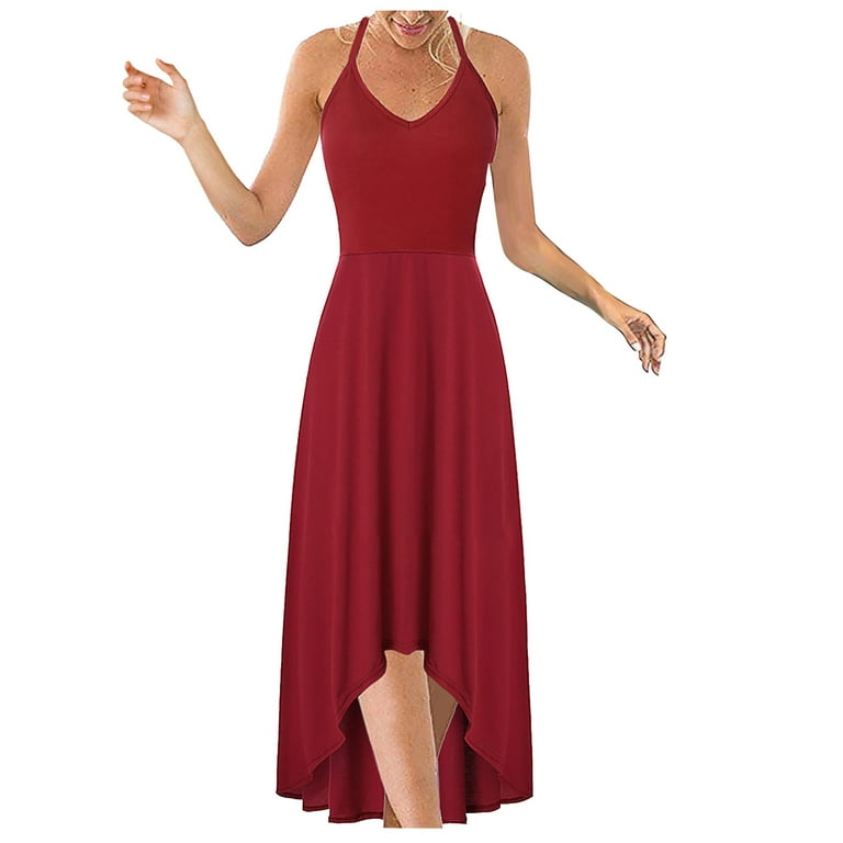 Entyinea Womens Summer Dresses Fashion V-Neck Sleeveless Strappy Backless  Maxi Dress Red 5XL 