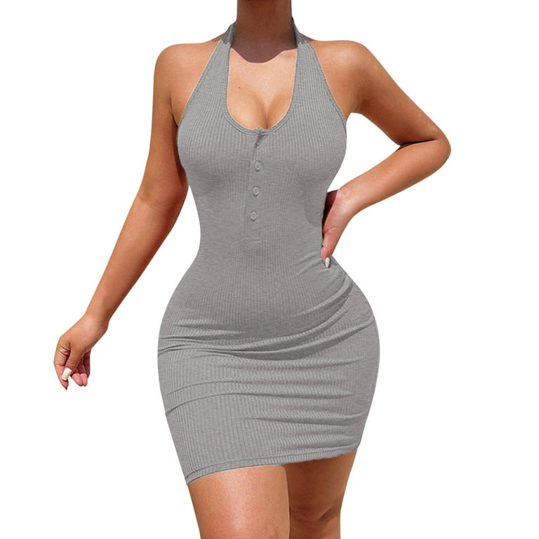 Entyinea Womens Summer Dresses Halterneck Stretchy Tight Backless  Sleeveless Mini Dress Grey L 