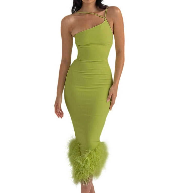 Entyinea Womens Summer Dresses Sleeveless One Shoulder Strap Backless Party  Midi Dress Green M 