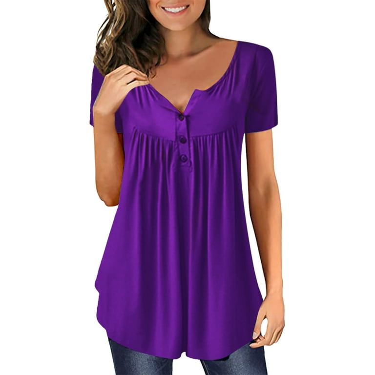 Entyinea Womens Summer Tops Casual Short Sleeve Blouses V Neck Buttoned  Henley Shirts Purple XL 