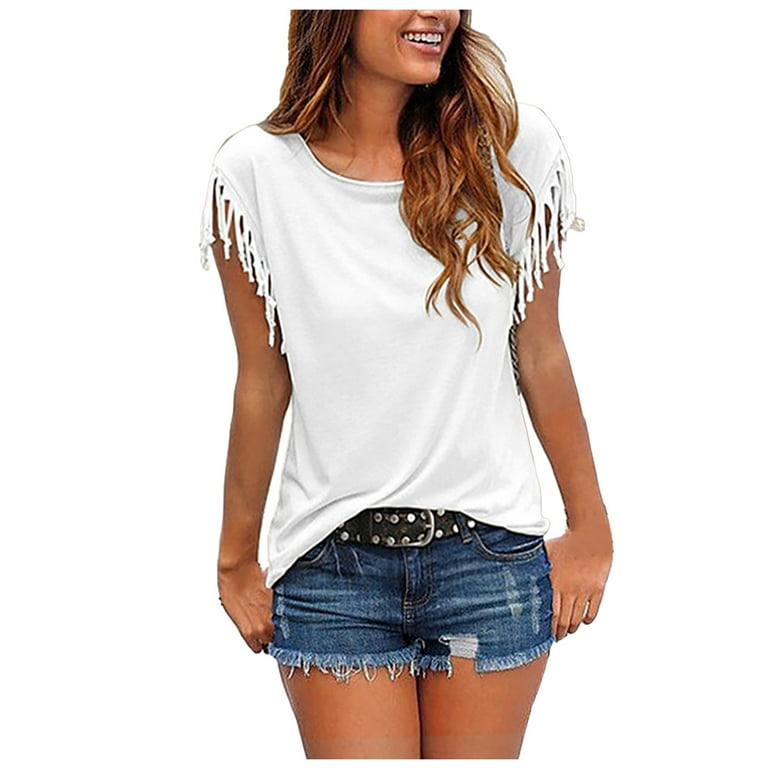 Entyinea Womens Summer Tops Trendy Tassel Cap Sleeve Crew Neck Solid Color  Shirts White XXL 