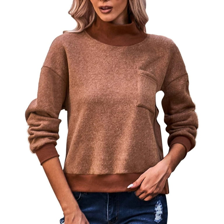 Entyinea Womens Sweaters Solid Ribbed Long Sleeve Turtle Neck Top Coffee M  