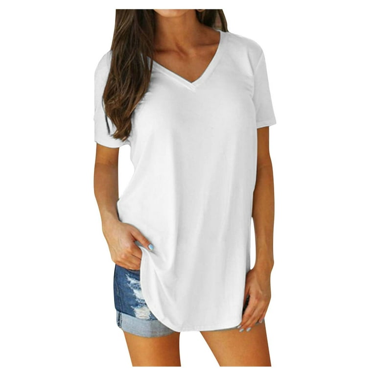 Entyinea Womens Tops Casual V Neck Short Sleeve Solid Color Loose Fit Shirt  Tops White XXL 