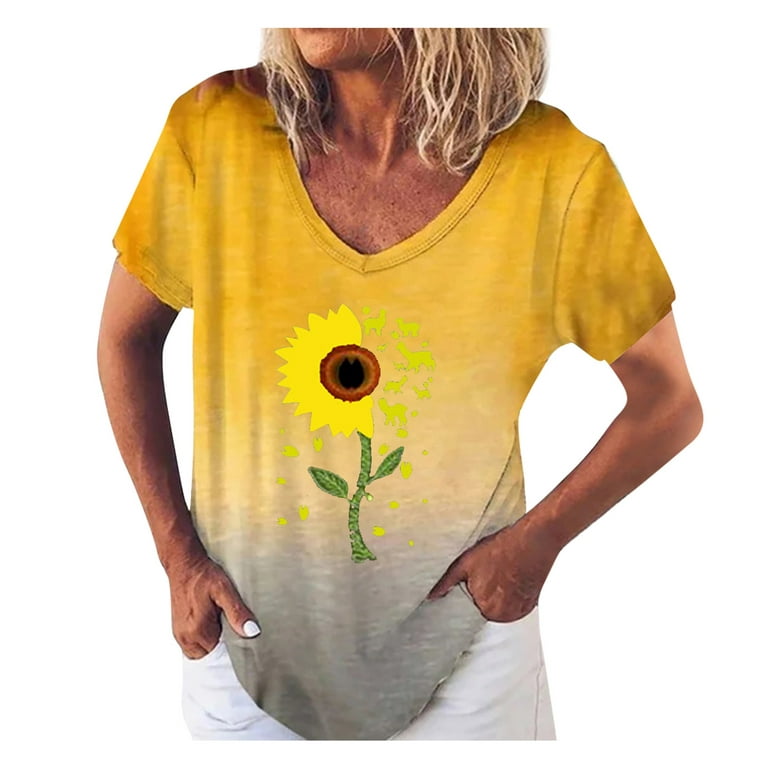 Entyinea Womens Tops Casual V-Neck Short Sleeve Sunflower Printed Loose  Pullover T-Shirts Yellow S 