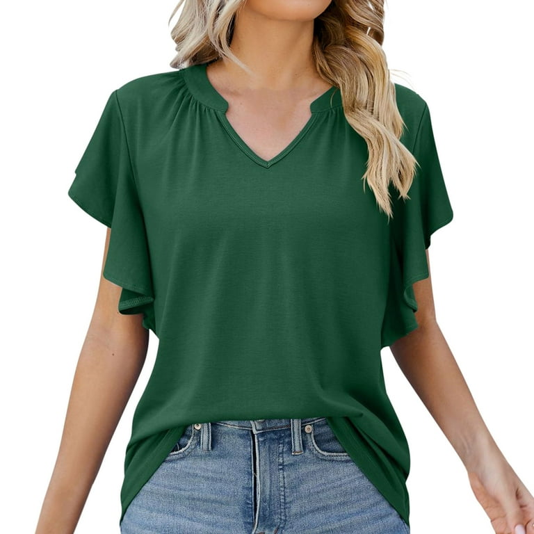 Entyinea Womens Tops Causal Ruffle Short Sleeve Blouse V Neck Solid Color  Flowy T-Shirts Green L