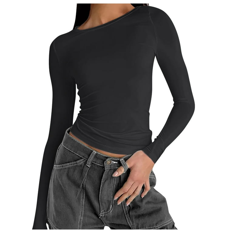 Entyinea Womens Tops Dressy Casual O-Neck Mid-length 3/5 Sleeves Casual  T-shirt Tunic Top Black M 