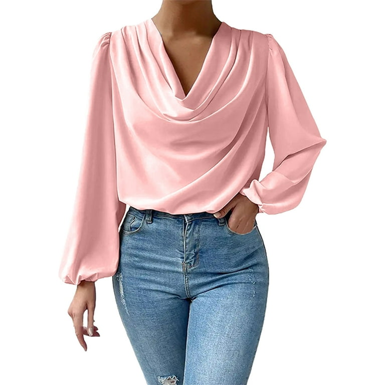 Entyinea Womens Tops Fall Winter 2025 Plus-Size Long Sleeve V-neck Fashion  T-shirt Pink XL 