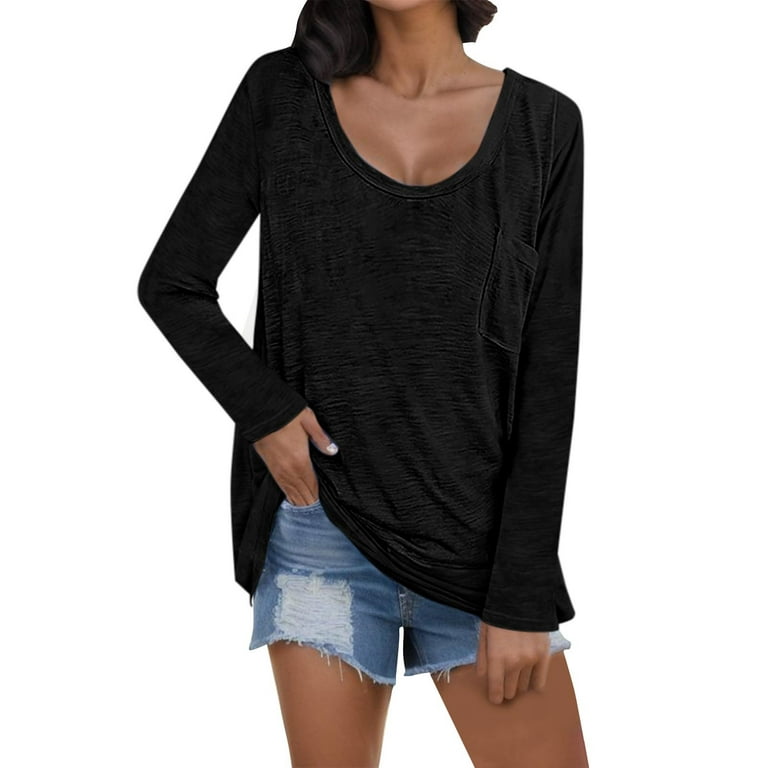 Entyinea Womens Tops Trendy Long Sleeve Crew Neck Tops T Shirts Black L 