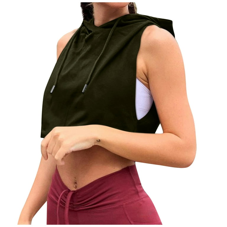 Entyinea Womens Workout Crop Tops Solid Color Sleeveless Hoodie