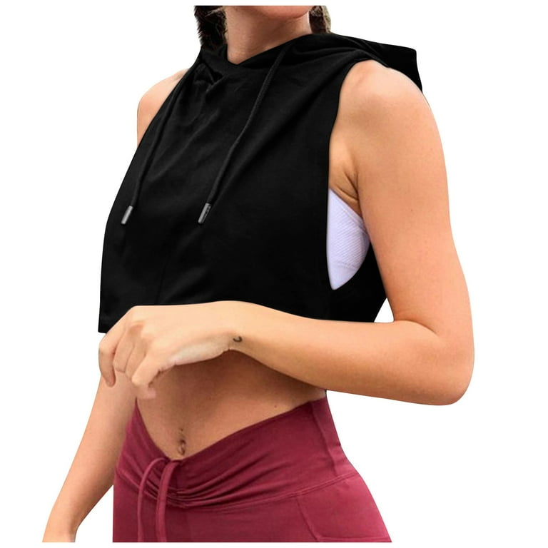 Entyinea Womens Workout Crop Tops Solid Color Sleeveless Hoodie Loose Shirts Black L Walmart