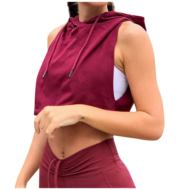 Entyinea Womens Workout Crop Tops Solid Color Sleeveless Hoodie