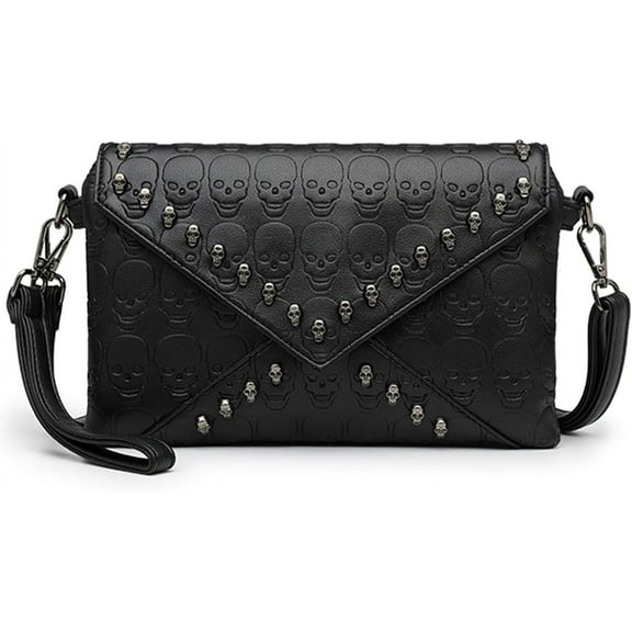 Envelope Clutch Purses for Women Skull Print Studded Rivet Clutch Wallet PU leather Shoulder Bags Black