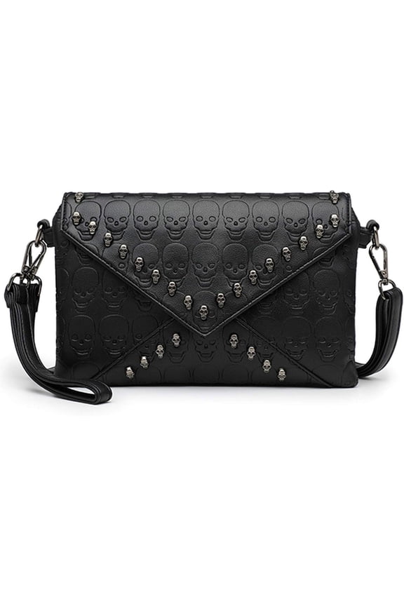 Envelope Clutch Purses for Women Skull Print Studded Rivet Clutch Wallet PU leather Shoulder Bags Black