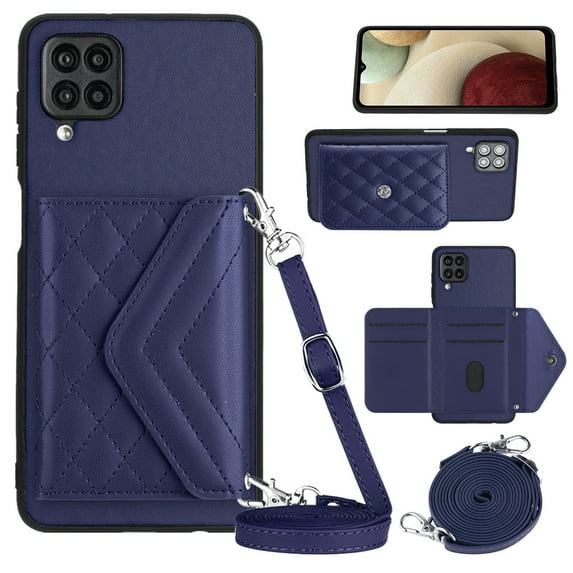 Envelope Design for Samsung A12 4G Case RFID Blocking Wallet Card Holder Leather PU Flip Cover Folio Lanyard Crossbody Strap Women Girl Magnetic Clasp Kickstand for Samsung Galaxy A12 4G, Blue