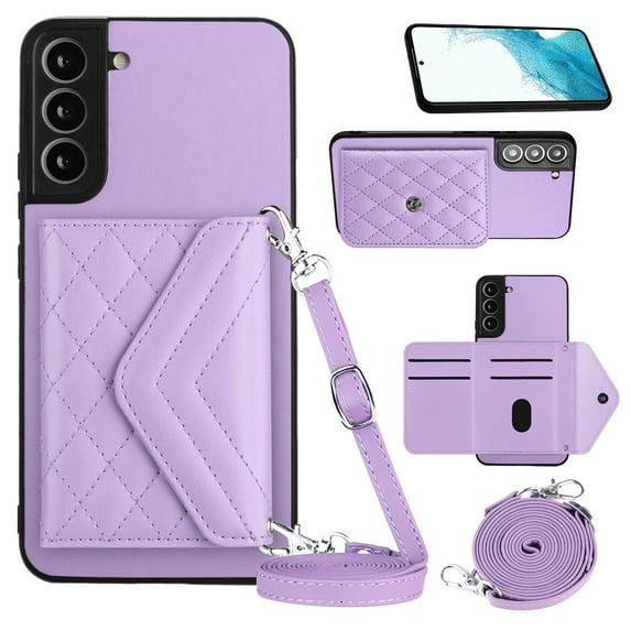 Envelope Design for Samsung S22 Case RFID Blocking Wallet Card Holder Leather PU Flip Cover Folio Lanyard Crossbody Strap Women Girl Magnetic Clasp Kickstand for Samsung Galaxy S22, Purple