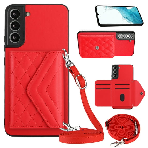 Envelope Design for Samsung S22 Case RFID Blocking Wallet Card Holder Leather PU Flip Cover Folio Lanyard Crossbody Strap Women Girl Magnetic Clasp Kickstand for Samsung Galaxy S22, Red