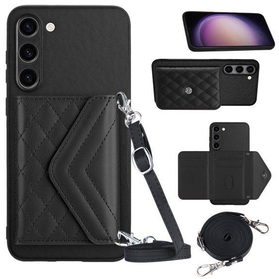 Envelope Design for Samsung S23 Case RFID Blocking Wallet Card Holder Leather PU Flip Cover Folio Lanyard Crossbody Strap Women Girl Magnetic Clasp Kickstand for Samsung Galaxy S23, Black