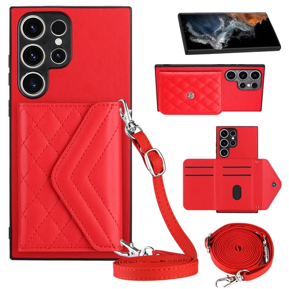 Envelope Design for Samsung S23 Ultra Case RFID Blocking Wallet Card Holder Leather PU Flip Cover Folio Lanyard Crossbody Strap Women Girl Magnetic Clasp Kickstand for Samsung Galaxy S23 Ultra, Red