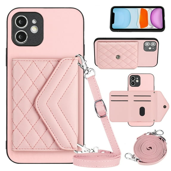 Envelope Design for iPhone 12 Case RFID Blocking Wallet Card Holder Leather PU Flip Cover Folio Lanyard Crossbody Strap Women Girl Magnetic Clasp Kickstand For iPhone 12, Pink