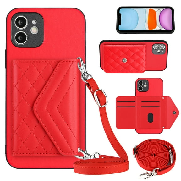 Envelope Design for iPhone 12 Case RFID Blocking Wallet Card Holder Leather PU Flip Cover Folio Lanyard Crossbody Strap Women Girl Magnetic Clasp Kickstand For iPhone 12, Red