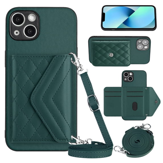 Envelope Design for iPhone 13 Case RFID Blocking Wallet Card Holder Leather PU Flip Cover Folio Lanyard Crossbody Strap Women Girl Magnetic Clasp Kickstand For iPhone 13, Green