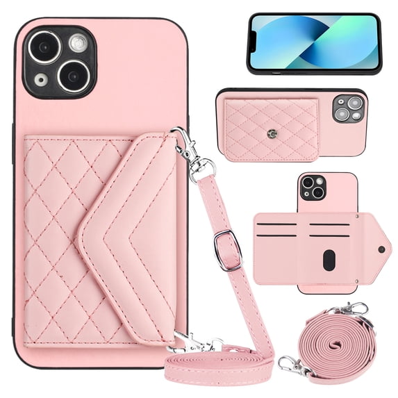 Envelope Design for iPhone 13 mini Case RFID Blocking Wallet Card Holder Leather PU Flip Cover Folio Lanyard Crossbody Strap Women Girl Magnetic Clasp Kickstand For iPhone 13 mini, Pink