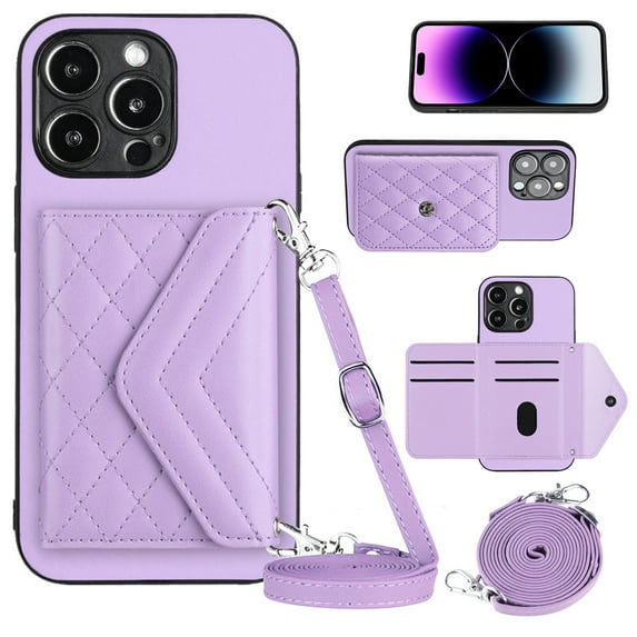 Envelope Design for iPhone 14 Pro Case RFID Blocking Wallet Card Holder Leather PU Flip Cover Folio Lanyard Crossbody Strap Women Girl Magnetic Clasp Kickstand For iPhone 14 Pro, Purple
