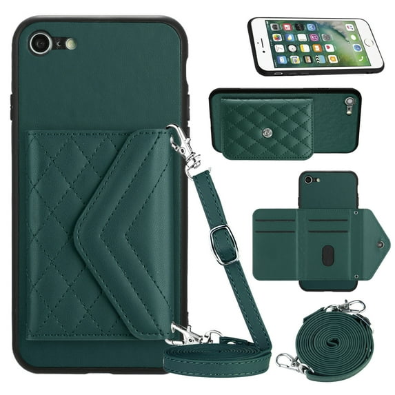 Envelope Design for iPhone 7 / 8 / SE 2020 / SE 2022 Case RFID Blocking Wallet Card Holder Leather PU Flip Cover Folio Lanyard Crossbody Strap Women Girl Magnetic Clasp Kickstand, Green