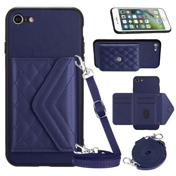 Envelope Design for iPhone 7 / 8 / SE 2020 / SE 2022 Case RFID Blocking Wallet Card Holder Leather PU Flip Cover Folio Lanyard Crossbody Strap Women Girl Magnetic Clasp Kickstand, Blue