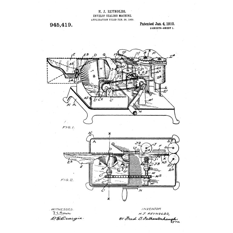 Lot - REYNOLDS ENVELOPE SEALER, H. J. Reynolds & Co., Chicago, USA;  patented Jan. 4, 1910